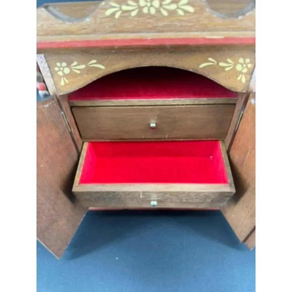 Vintage 1970s Wooden Floral Painted Jewelry Armoire Music Box
